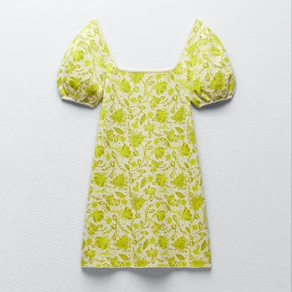Zara | Dresses | Zara Green Floral Puff Sleeve Jacquard Knit Dress |  Poshmark